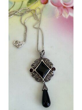 Vintage 80's 925 Silver Onyx Marcasite Garnet Dangle Pendant